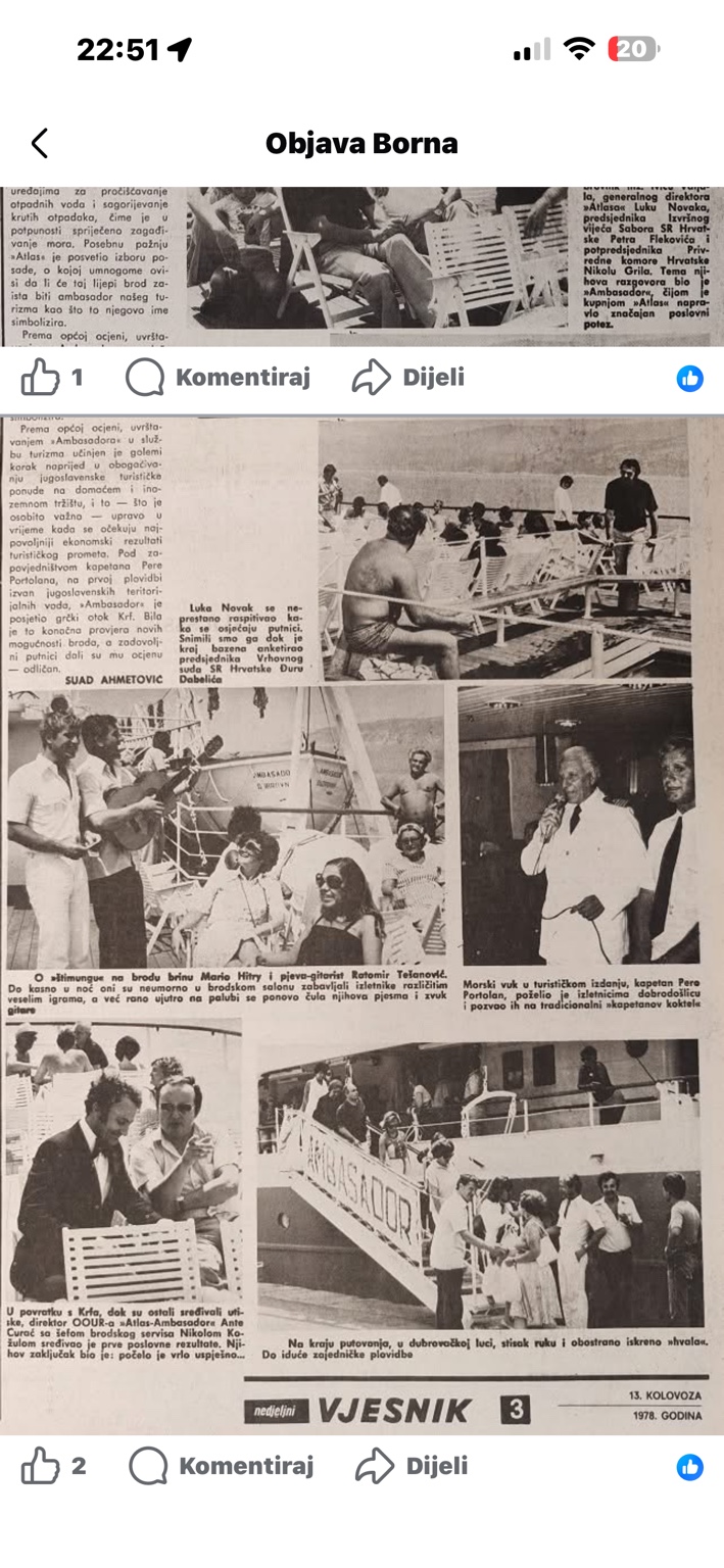 Novinski izrezak ‘Prva plovidba’ — nastavak reportaže: kapetan Pero Portolan, putnici i zabavni program, povratak u Dubrovnik. U podnožju se jasno vidi 13. kolovoza 1978.