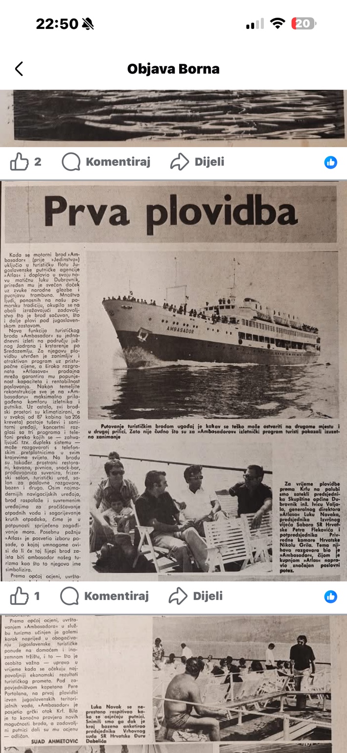 Novinski izrezak ‘Prva plovidba’ — početak reportaže o Atlasovu Ambasadoru i putovanju prema Krfu 1978. Datum novina nije datum putovanja.
